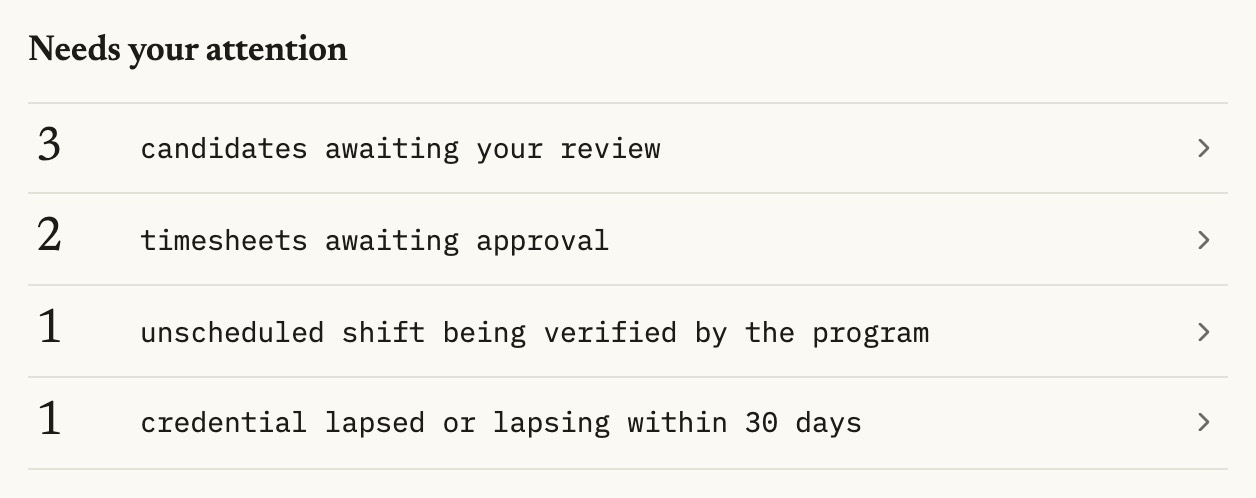 The district overview: candidates awaiting review, timesheets awaiting approval, a shift being verified by the program, and a credential lapsing within thirty days