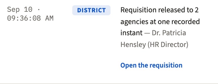 The program record: a requisition released to every approved agency at one recorded instant, with the HR director's name on it